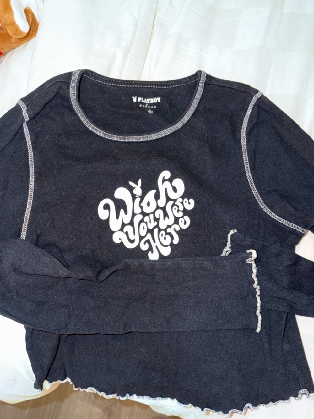 PLAYBOY Black Long Sleeve Graphic Top with White Script